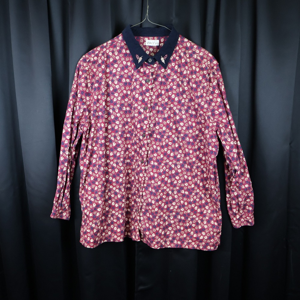 Bobbie Brooks Woman Red Leaf Print Button Up Shirt Navy Corduroy Collar Sz 18W